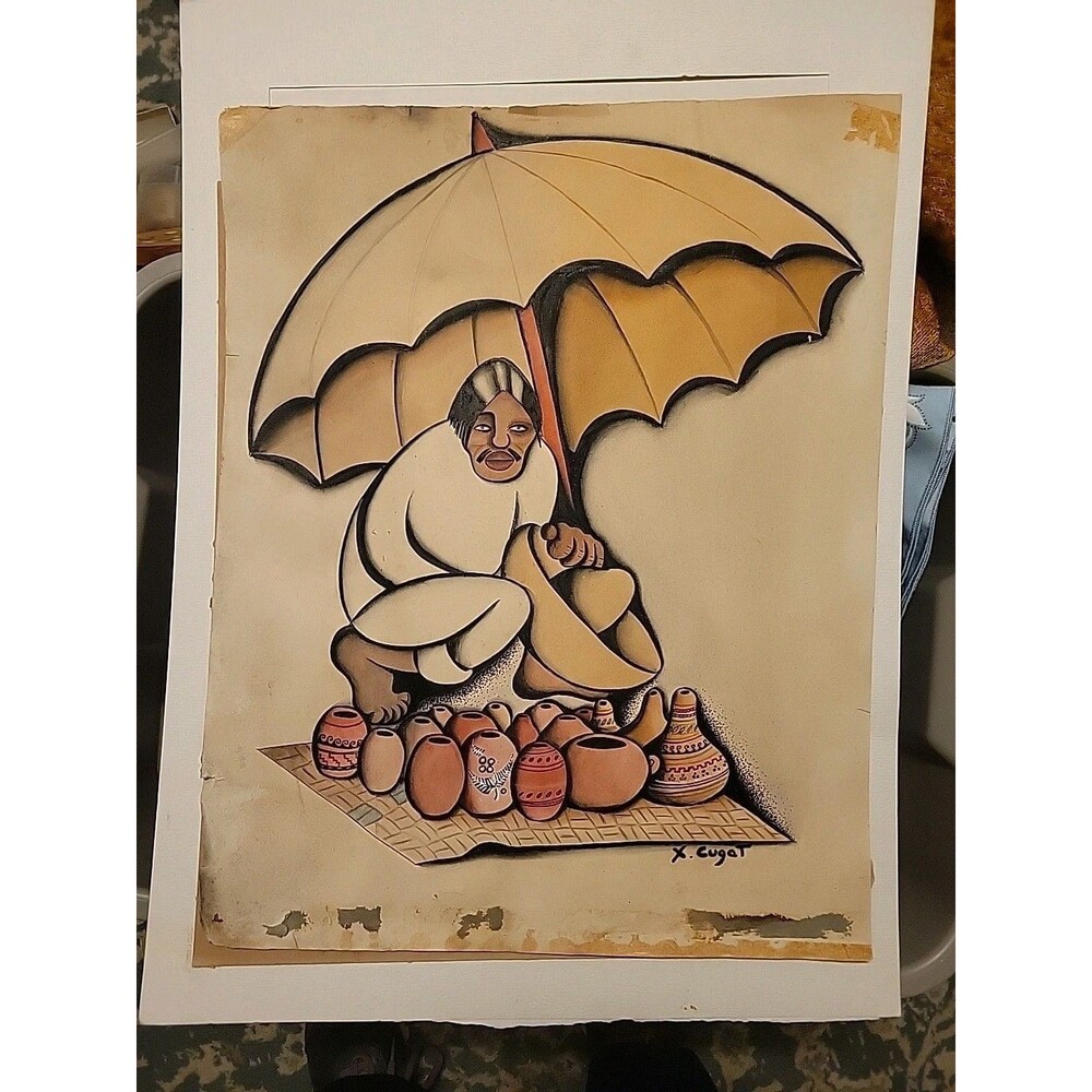 READ Xavier Cugat Art Market Vendor Umbrella Original? Signed Large